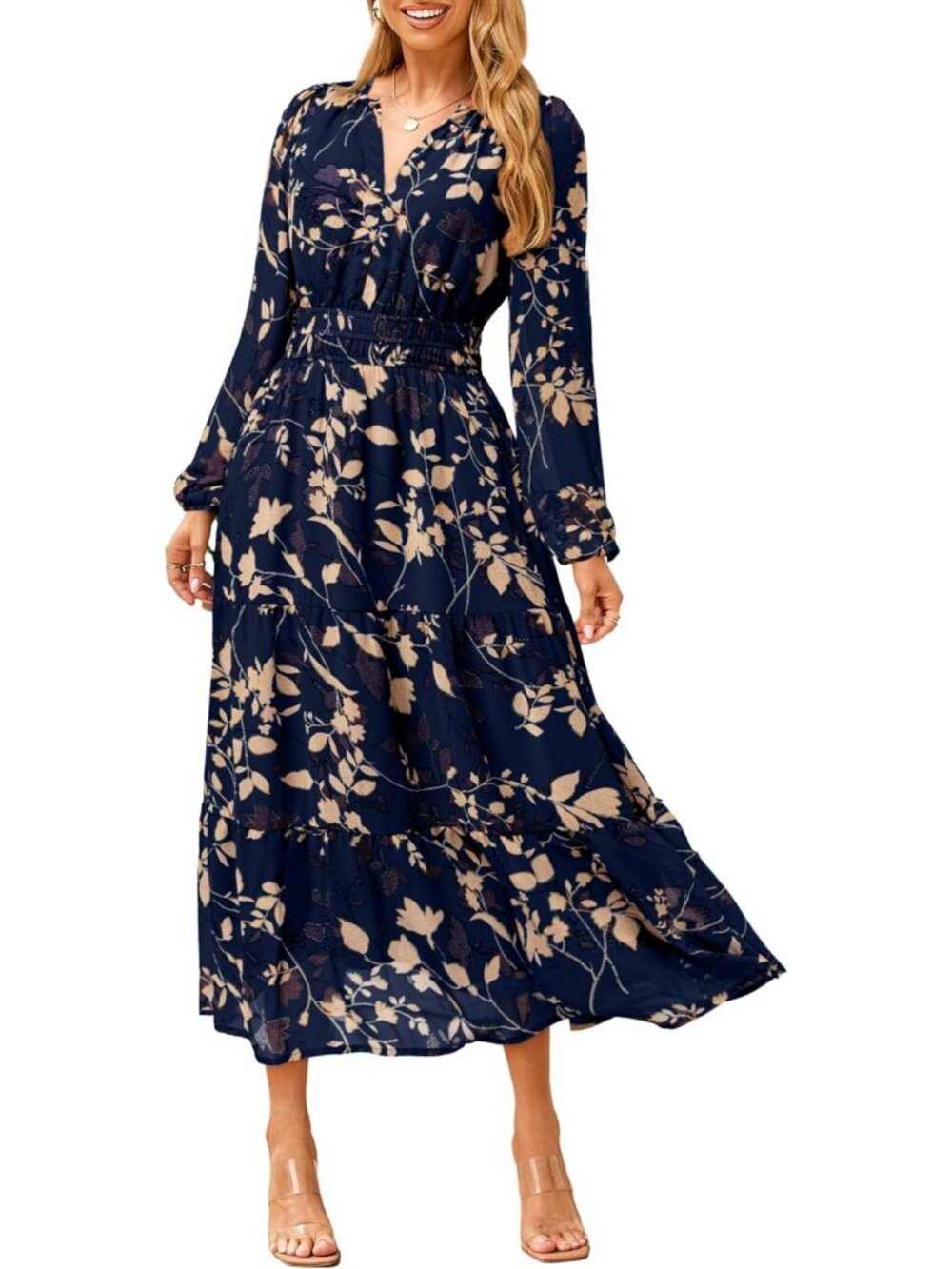 Floral Boho Long Sleeve Maxi Dress - V Neck Empire Waist Swing Wedding Guest